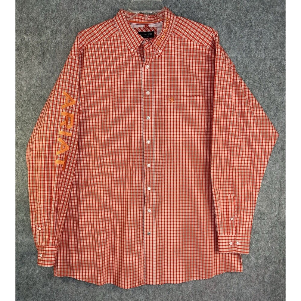 ARIAT Men’s Shirt Team Logo Orange Long Sleeve Button Down Plaid 2XLT